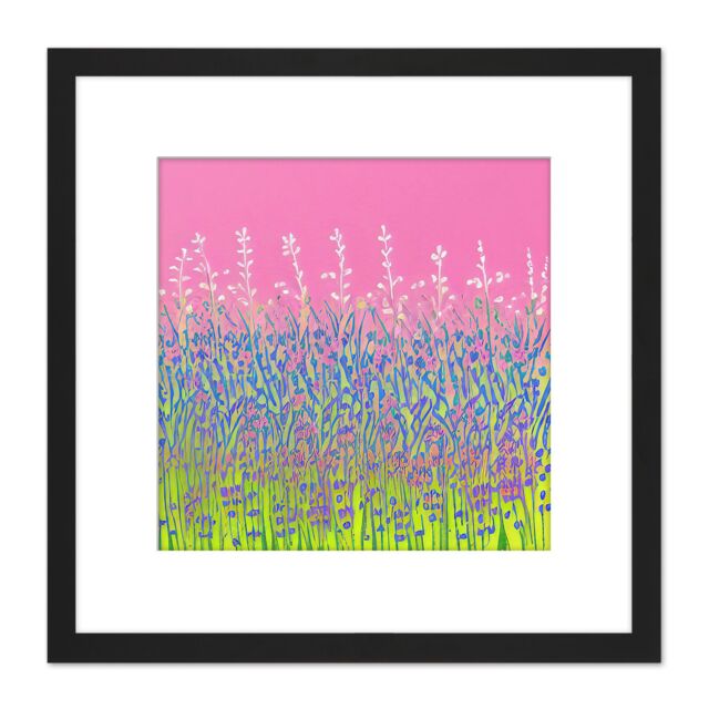 Artery8 Abstract Floral Pink Violet Green Meadow Lavender Field Painting Square Wooden Framed Wall Art Print Picture 8X8 Inch in Black - image 1
