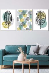ARTZE Set of 3 White Framed Mid Century Floral Pattern in Yellow & Blue Wall Art in Duck Egg Blue - Size: W33 cm x H45 cm x D20mm - thumbnail 1