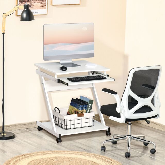 HOMCOM Movable Computer Desk with 4 Moving Wheels Sliding Keyboard Tray in White - image 1