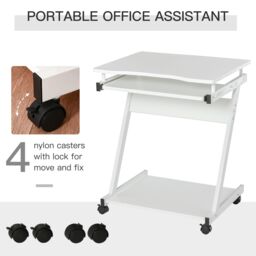 HOMCOM Movable Computer Desk with 4 Moving Wheels Sliding Keyboard Tray in White - thumbnail 4