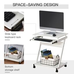 HOMCOM Movable Computer Desk with 4 Moving Wheels Sliding Keyboard Tray in White - thumbnail 6