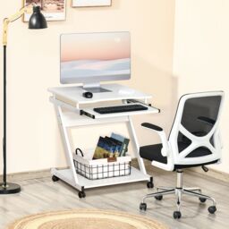 HOMCOM Movable Computer Desk with 4 Moving Wheels Sliding Keyboard Tray in White
