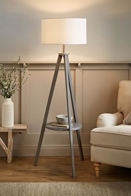 ValueLights Morrigan Grey Wood Tripod Floor Lamp with Fabric Drum Lamp Shade in White - image 1