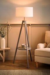 ValueLights Morrigan Grey Wood Tripod Floor Lamp with Fabric Drum Lamp Shade in White - thumbnail 2