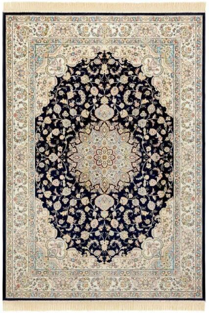 THE RUGS Oriental Velvet Nain Rug Medallion Fringed Viscose Living Room in Dark Blue - Size: 195 cm x 290 cm - image 1