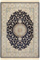 THE RUGS Oriental Velvet Nain Rug Medallion Fringed Viscose Living Room in Dark Blue - Size: 195 cm x 290 cm