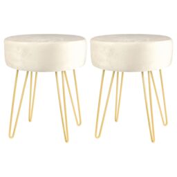 Harbour Housewares Round Velvet Footstools - H40 x D35cm - Gold Hairpin Legs - Pack of 2 in Cream - thumbnail 1