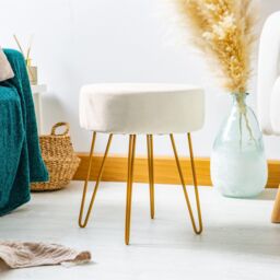 Harbour Housewares Round Velvet Footstools - H40 x D35cm - Gold Hairpin Legs - Pack of 2 in Cream - thumbnail 7