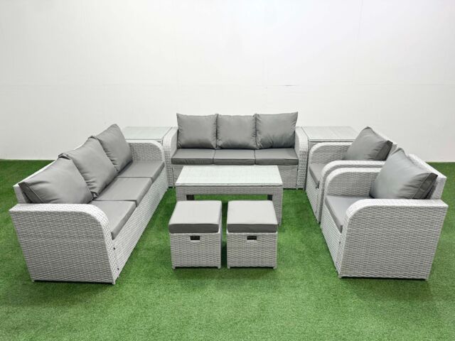 Fimous PE Rattan High Back Lounge Sofa Set Patio Oblong Coffee Table & Chairs Set with 3 Seater Sofa Reclining Chair Stools 2 Side Table Light Grey - image 1