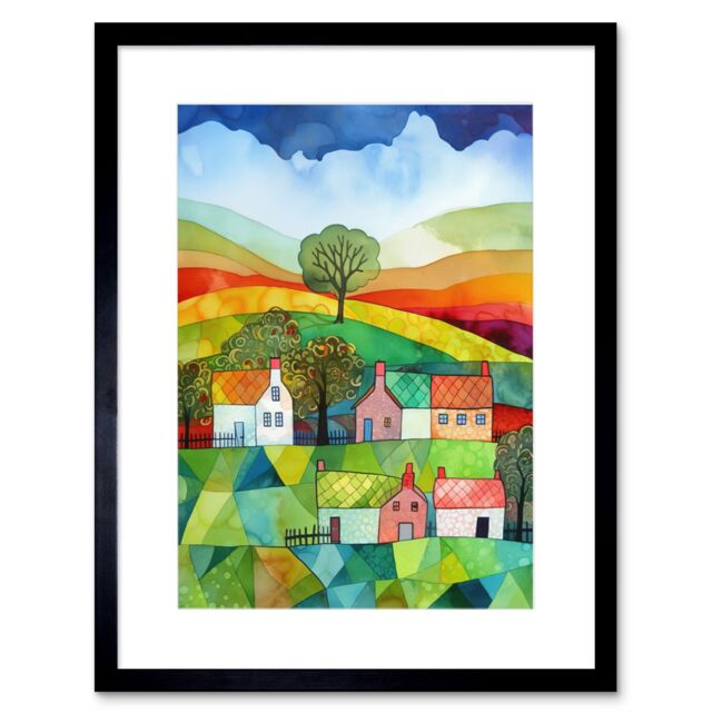 "Artery8 Wall Art Print Rural Landscape Rainbow Countryside Folk Art Watercolour Painting Artwork Framed 9X7 Inch in Black - Size: W7"" x H9""" - image 1