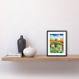 "Artery8 Wall Art Print Rural Landscape Rainbow Countryside Folk Art Watercolour Painting Artwork Framed 9X7 Inch in Black - Size: W7"" x H9""" - thumbnail 2
