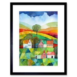 "Artery8 Wall Art Print Rural Landscape Rainbow Countryside Folk Art Watercolour Painting Artwork Framed 9X7 Inch in Black - Size: W7"" x H9""" - thumbnail 1