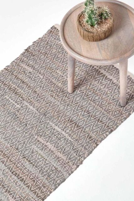 Homescapes Real Leather Handwoven Pattern Hall Runner, 66 x 200 cm in Grey - Size: 66 cm x 200 cm - image 1