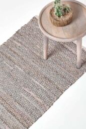 Homescapes Real Leather Handwoven Pattern Hall Runner, 66 x 200 cm in Grey - Size: 66 cm x 200 cm - thumbnail 1