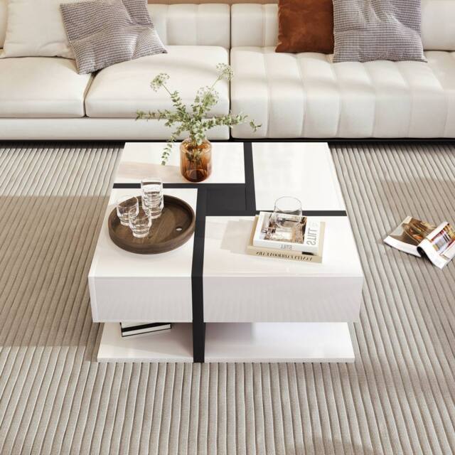 BTM Coffee Table with 4 Drawers, Unique Design & Bottom Storage in White - image 1