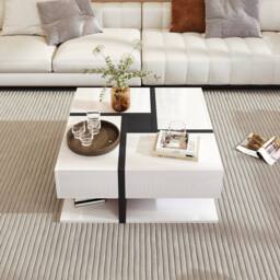 BTM Coffee Table with 4 Drawers, Unique Design & Bottom Storage in White - thumbnail 1