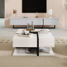 BTM Coffee Table with 4 Drawers, Unique Design & Bottom Storage in White - thumbnail 6
