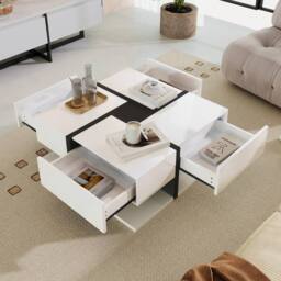 BTM Coffee Table with 4 Drawers, Unique Design & Bottom Storage in White - thumbnail 8