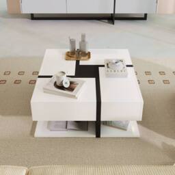 BTM Coffee Table with 4 Drawers, Unique Design & Bottom Storage in White - thumbnail 2