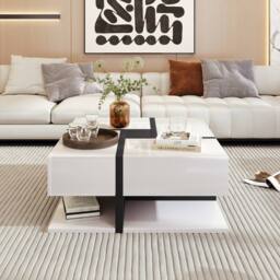 BTM Coffee Table with 4 Drawers, Unique Design & Bottom Storage in White - thumbnail 5