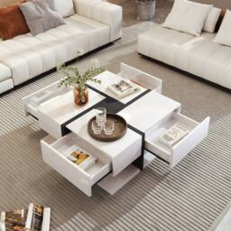 BTM Coffee Table with 4 Drawers, Unique Design & Bottom Storage in White - thumbnail 3