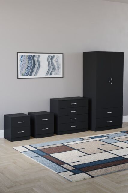 Home Discount Vida Designs Riano 4Pc Bedroom Set 2 Drawer Bedside, 4 Drawer Chest in Black - image 1