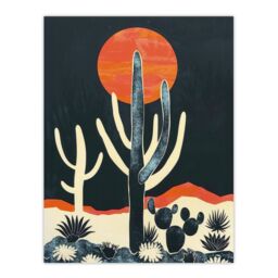 "Artery8 Wall Art Print Saguaro Cactus Orange Grey Sun Desert Landscape Poster in Dark Blue - Size: W18"" x H24""" - thumbnail 1