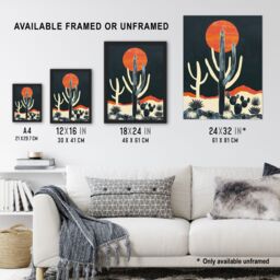 "Artery8 Wall Art Print Saguaro Cactus Orange Grey Sun Desert Landscape Poster in Dark Blue - Size: W18"" x H24""" - thumbnail 3