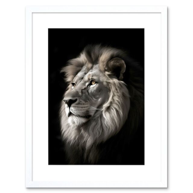 "Artery8 Wall Art Print Lion Head Portrait Dramatic Photograph Strong Leo Dark Atmospheric Light Artwork Framed 9X7 Inch in White - Size: W7"" x H9""" - image 1