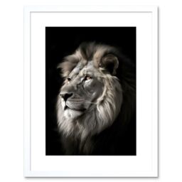 "Artery8 Wall Art Print Lion Head Portrait Dramatic Photograph Strong Leo Dark Atmospheric Light Artwork Framed 9X7 Inch in White - Size: W7"" x H9""" - thumbnail 1