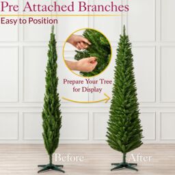 Christow Slim Christmas Tree 5ft 6ft 7ft Artificial Corner Pencil Xmas Spruce with Base Stand in Green - thumbnail 5