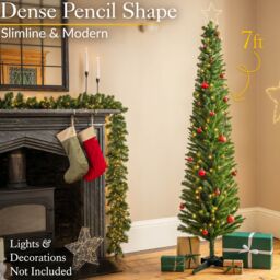 Christow Slim Christmas Tree 5ft 6ft 7ft Artificial Corner Pencil Xmas Spruce with Base Stand in Green - thumbnail 2