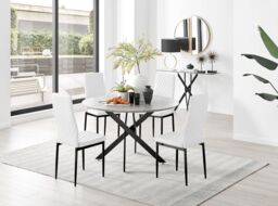 FurnitureboxUK Novara Grey Concrete Effect Black Leg 120cm Round Dining Table & 4 Milan Black Leg Chairs in Off-White