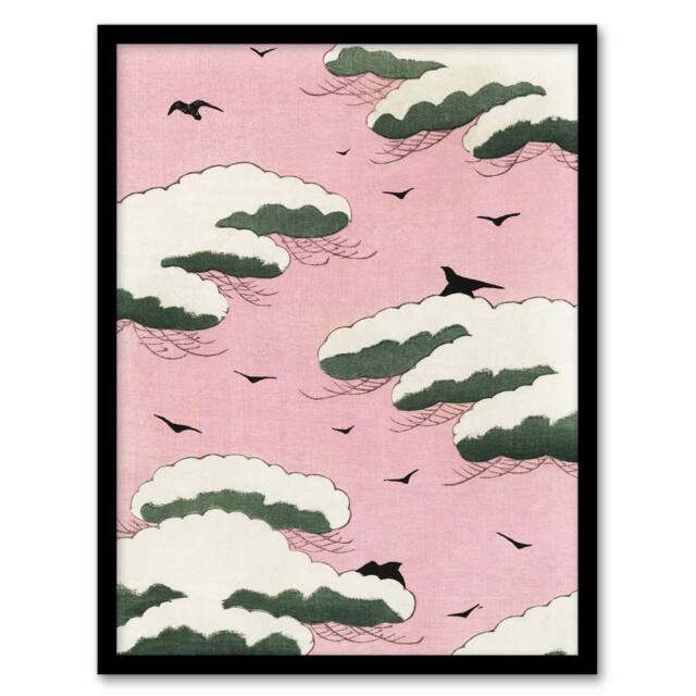 Artery8 Pink Sky With Clouds & Birds Vintage Framed Wall Art Print Bijutsukai - Size: A4 - image 1