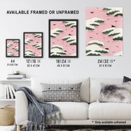 Artery8 Pink Sky With Clouds & Birds Vintage Framed Wall Art Print Bijutsukai - Size: A4 - thumbnail 3