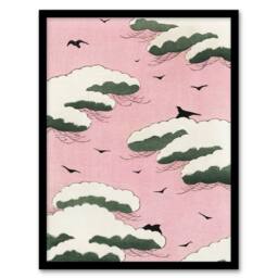 Artery8 Pink Sky With Clouds & Birds Vintage Framed Wall Art Print Bijutsukai - Size: A4 - thumbnail 1
