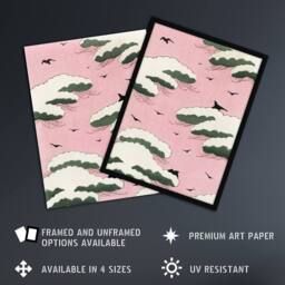 Artery8 Pink Sky With Clouds & Birds Vintage Framed Wall Art Print Bijutsukai - Size: A4 - thumbnail 2