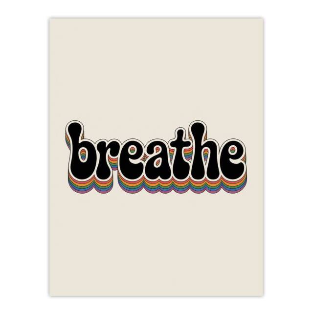 "Artery8 Breathe Funky Retro Rainbow Typography Wall Art Print in Beige - Size: W12"" x H16""" - image 1