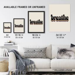"Artery8 Breathe Funky Retro Rainbow Typography Wall Art Print in Beige - Size: W12"" x H16""" - thumbnail 3