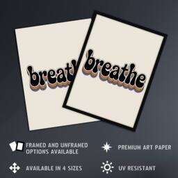"Artery8 Breathe Funky Retro Rainbow Typography Wall Art Print in Beige - Size: W12"" x H16""" - thumbnail 2