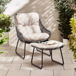 FurnitureboxUK Tahiti Wicker Style PE Rattan Outdoor Garden Chair + Footrest, Greige Cushions, Wicker Style Chair in Grey