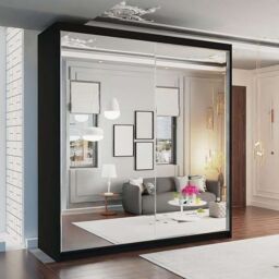 MN Furniture Quru Sliding Wardrobe with Full Mirror, LED Light - 150x217cm in Black - Size: 150x217 cm - thumbnail 1