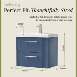 Balterley Wall Hung 2 Drawers Vanity Unit - Thin-Edge Basin 600mm, Satin Blue - thumbnail 5