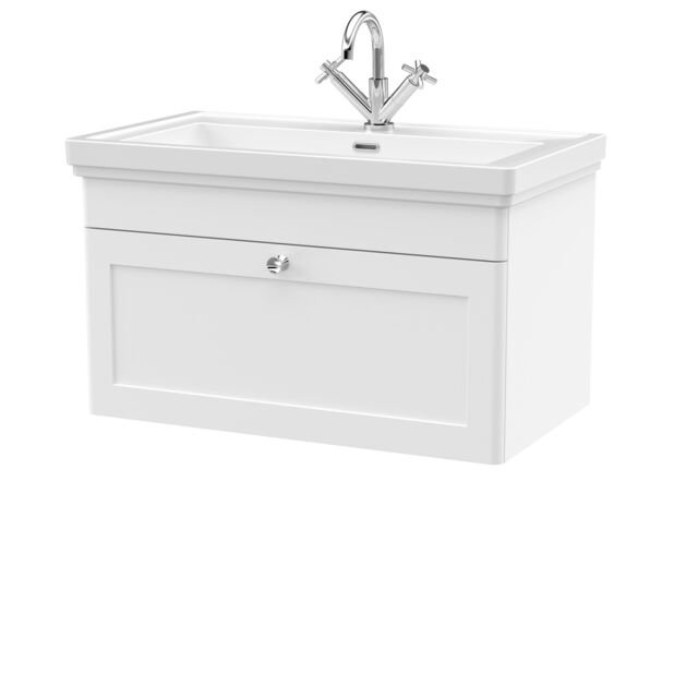 Balterley Bathroom Wall Hung 1-Drawer Vanity Unit & Fireclay Basin, White, 800mm in White - image 1