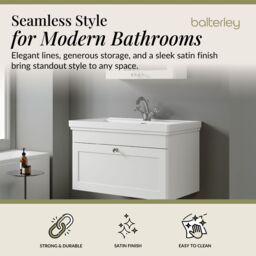 Balterley Bathroom Wall Hung 1-Drawer Vanity Unit & Fireclay Basin, White, 800mm in White - thumbnail 2