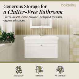 Balterley Bathroom Wall Hung 1-Drawer Vanity Unit & Fireclay Basin, White, 800mm in White - thumbnail 3