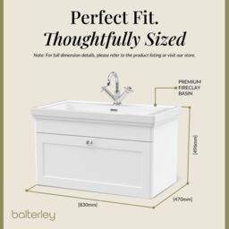 Balterley Bathroom Wall Hung 1-Drawer Vanity Unit & Fireclay Basin, White, 800mm in White - thumbnail 5