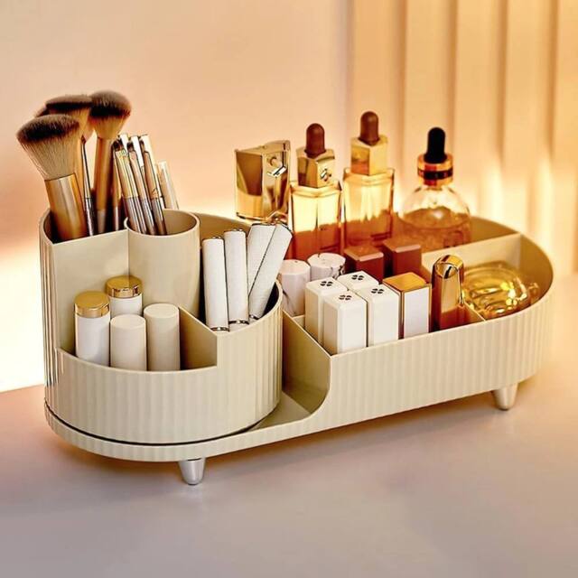 VOGREX 360 Rotating Makeup Organiser Cosmetic Brush Lipstick Storage Box in Cream - image 1