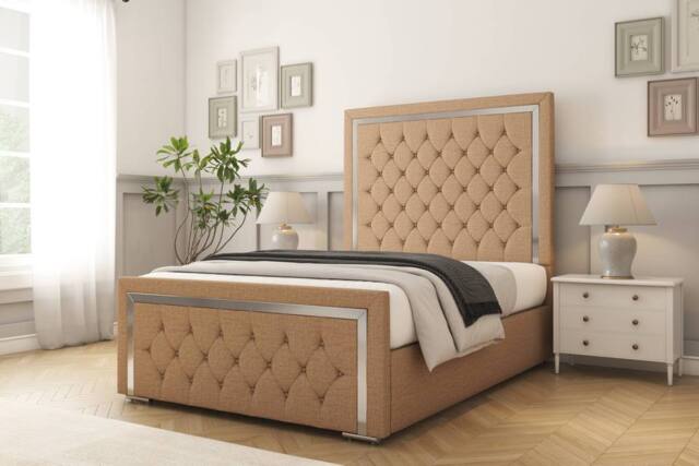 "Comfort Beds Sofia Chrome Dumfries Bed Frame - 50"" Upholstered Headboard in Light Brown - Size: Double" - image 1