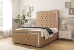"Comfort Beds Sofia Chrome Dumfries Bed Frame - 50"" Upholstered Headboard in Light Brown - Size: Double" - thumbnail 1